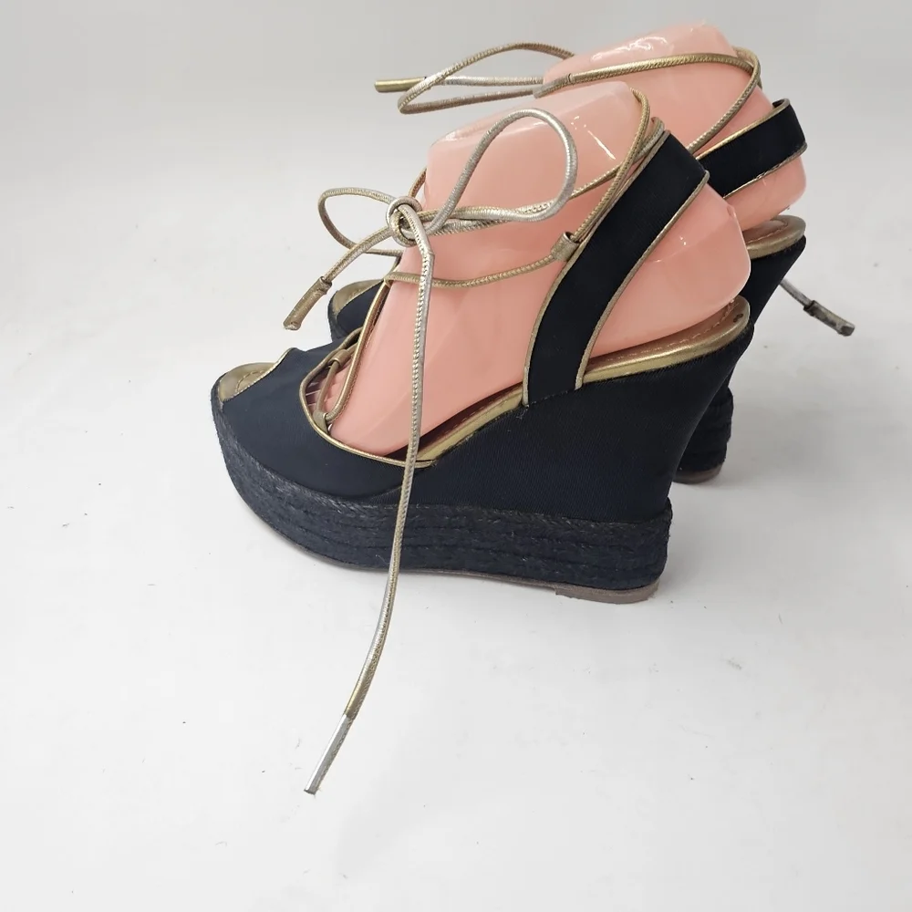 Ralph Lauren Collection Navy Gold Canvas Espadrille Wedge Lace Up